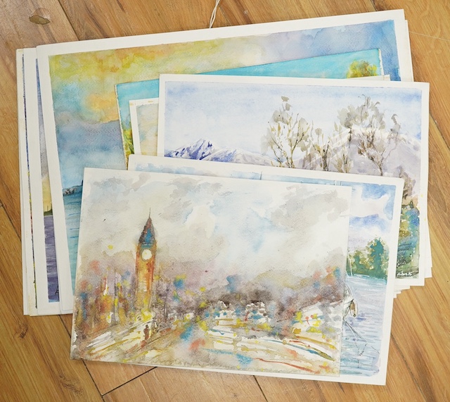 Baris Ali Kibar (Contemporary), eleven watercolours on card, Landscapes to include London views, Coastal scenes and an alpine landscape, some signed and dated, largest 30 x 40cm, unframed. Condition - fair